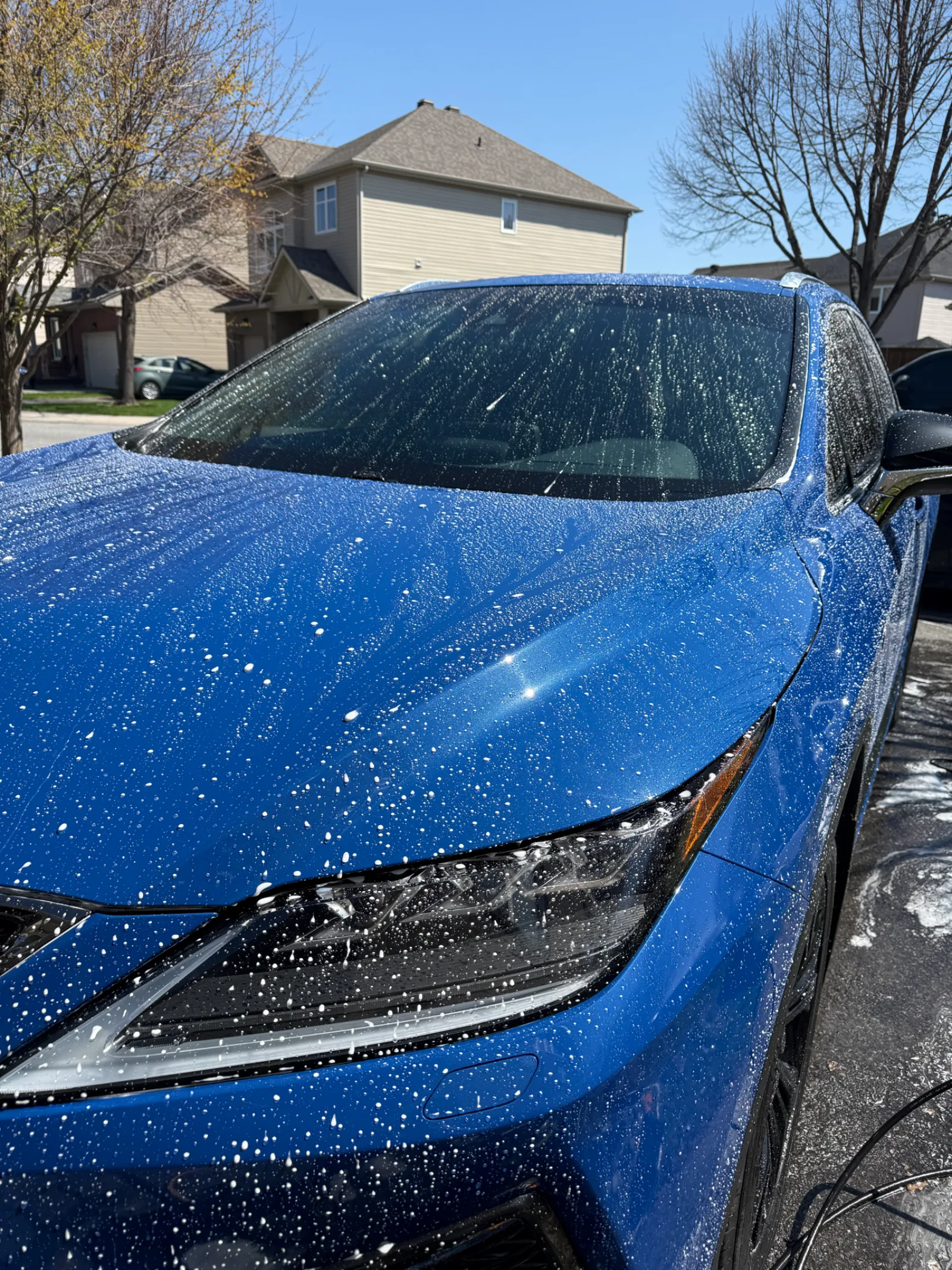 Blue car foam wash close-up